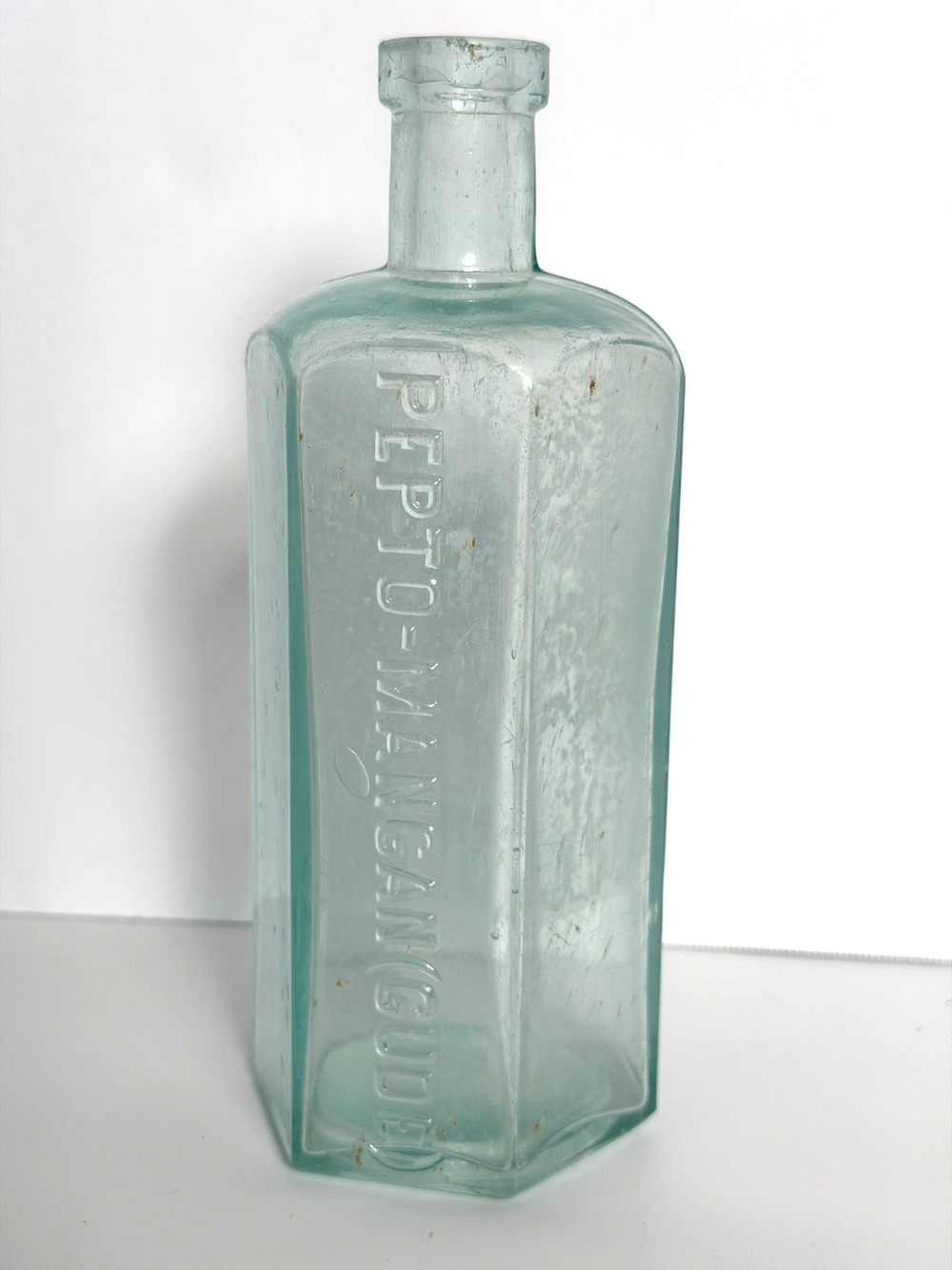 Antique Vintage Pepto Mangan Gude 6 Sided Medicine Bottle 7”